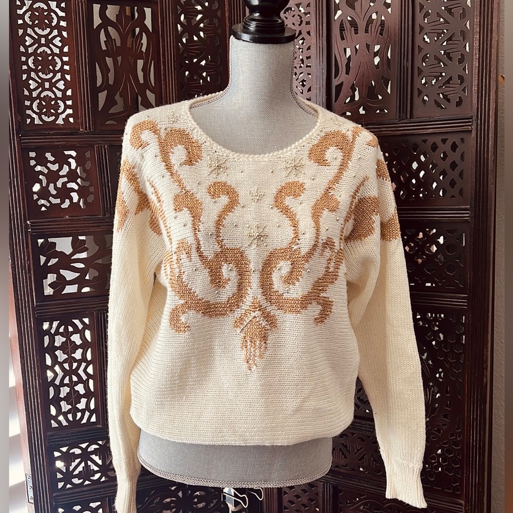 Vintage Jocelyn Smith Beaded Embroidered Sweater Cream Gold Cottagecore Retro - Picture 2 of 9
